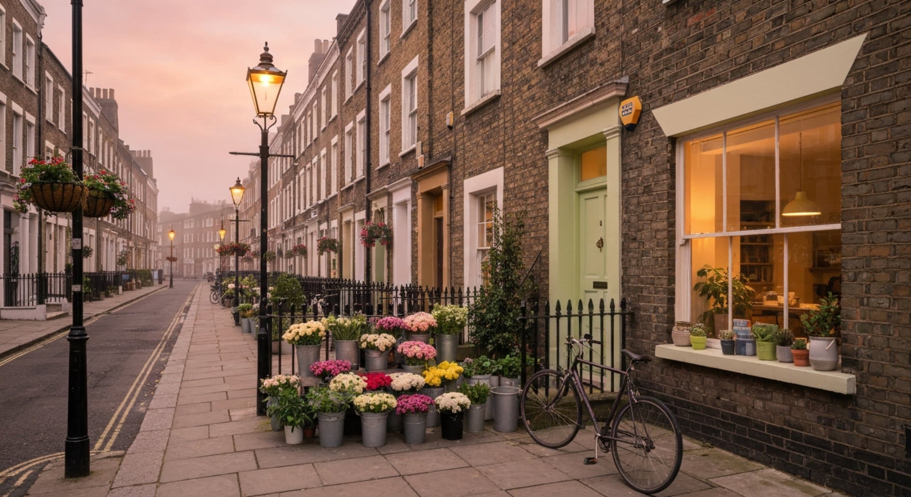 Flower shop and terraced street in a London neighbourhood illustration