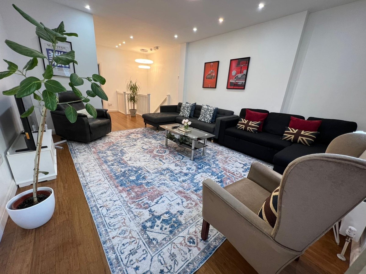 Living room with dark sofas, a patterned rug and houseplants