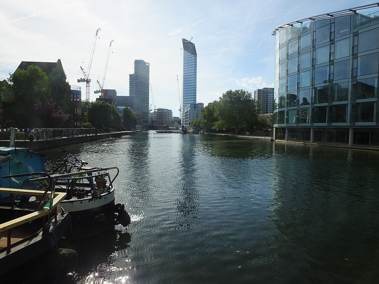Boats and waterside buildings around City Road Basin in Islington