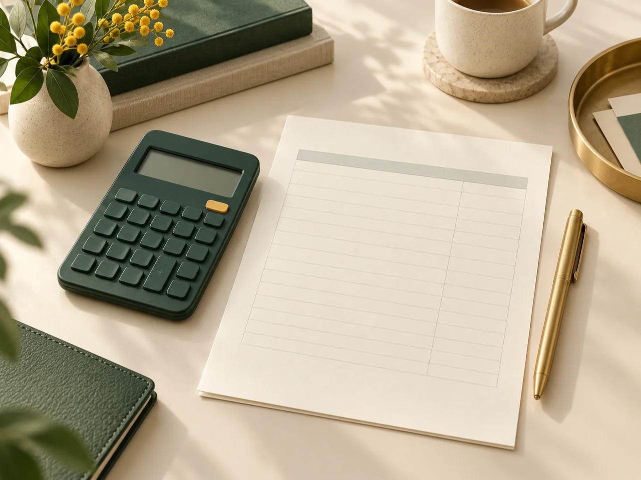 Illustration of a calculator, a blank cost statement and a pen