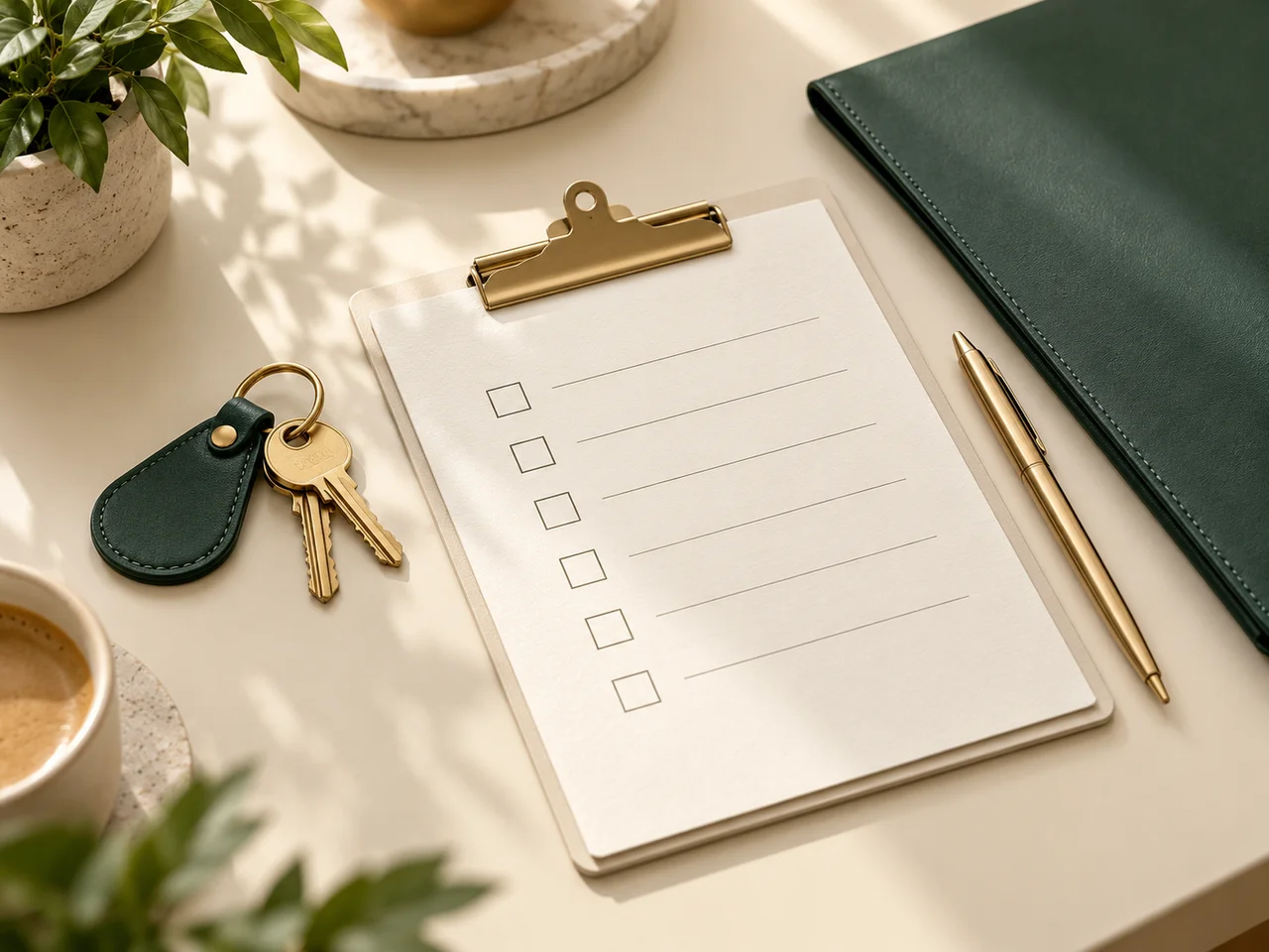 Illustration of house keys beside a blank handover checklist and a document folder